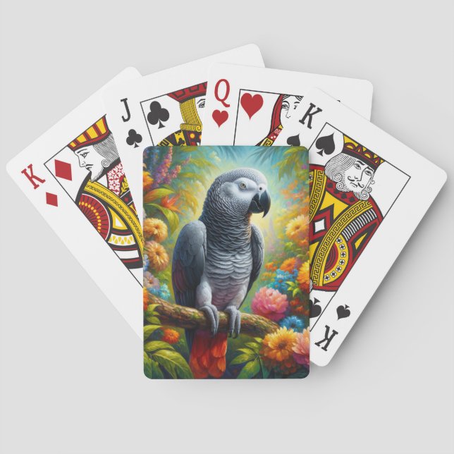 Afrikanischer Graupapagei mit bunten Blume Spielkarten (Rückseite)