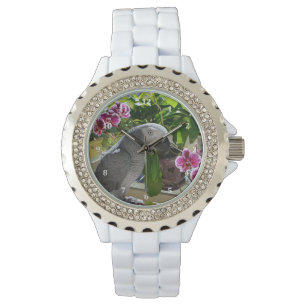 Afrikanischer Graupapagei mit Orchideen Armbanduhr