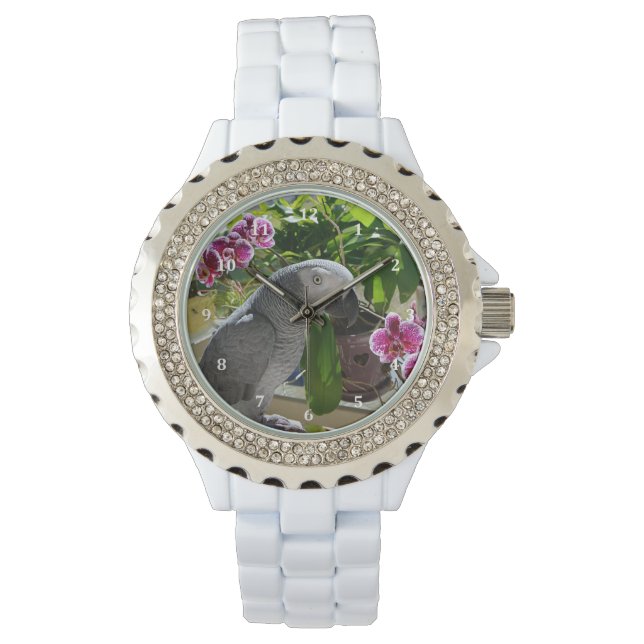 Afrikanischer Graupapagei mit Orchideen Armbanduhr (Vorderseite)