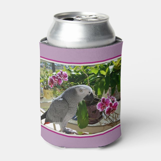 Afrikanischer Graupapagei mit Orchideen Dosenkühler (Kanne Vorderseite)