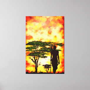 Afrikanischer Jäger mit Speer in Sunset Canvas Pri Leinwanddruck