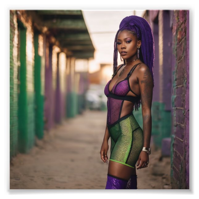 Afrikanischer Neon Cyber Punk Babe in Back Alley Fotodruck (Vorne)