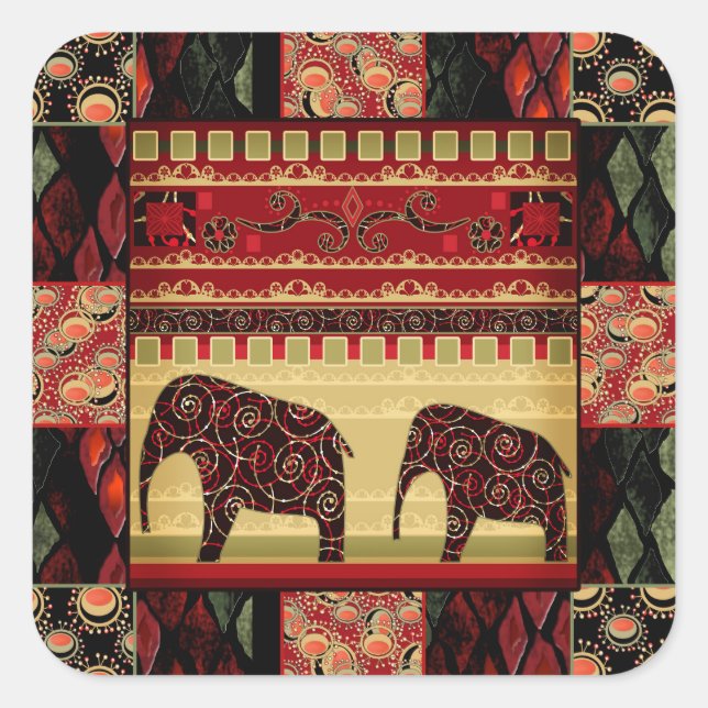 afrikanischer Retro-Druck mit Elefanten Quadratischer Aufkleber (Vorderseite)