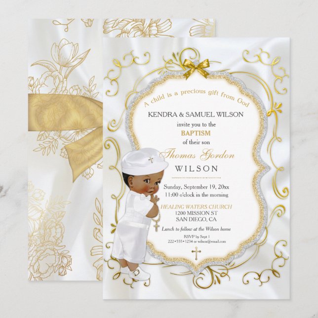 Afrikanisches amerikanisches Baby Boy Baptisc Gold Einladung (Vorne/Hinten)