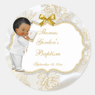 Afrikanisches amerikanisches Baby Boy Baptisc Gold Runder Aufkleber