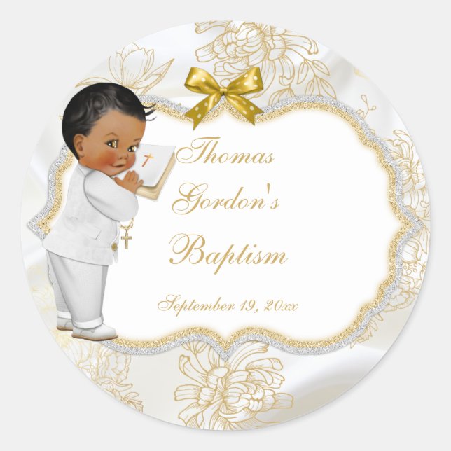 Afrikanisches amerikanisches Baby Boy Baptisc Gold Runder Aufkleber (Vorderseite)