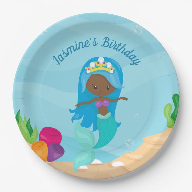 Afrikanisches amerikanisches Mermaid-Kindergeburts Pappteller (Vorderseite)