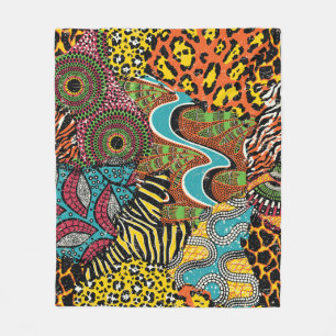 Afrikanisches Gewebe: Wildtierpatchwork. Fleecedecke