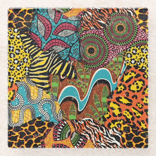 Afrikanisches Gewebe: Wildtierpatchwork. Glasuntersetzer (Vorderseite)