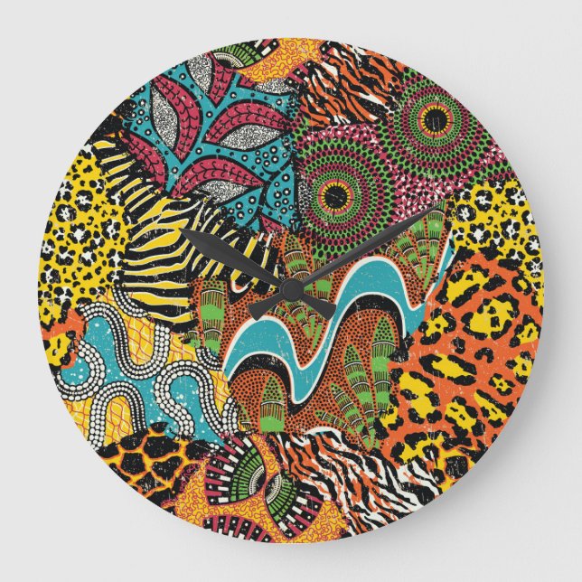 Afrikanisches Gewebe: Wildtierpatchwork. Große Wanduhr (Vorderseite)