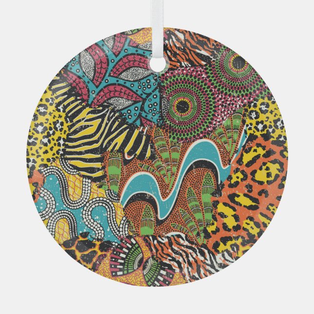 Afrikanisches Gewebe: Wildtierpatchwork. Ornament Aus Glas (Vorderseite)