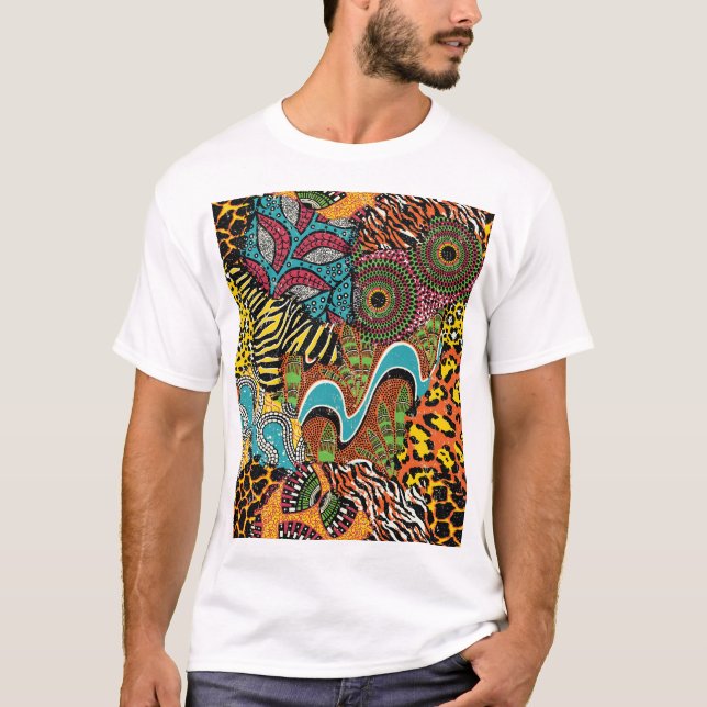 Afrikanisches Gewebe: Wildtierpatchwork. T-Shirt (Vorderseite)
