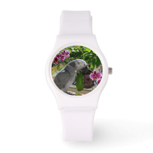Afrikanisches Grau-Papagei mit Orchideen Armbanduhr