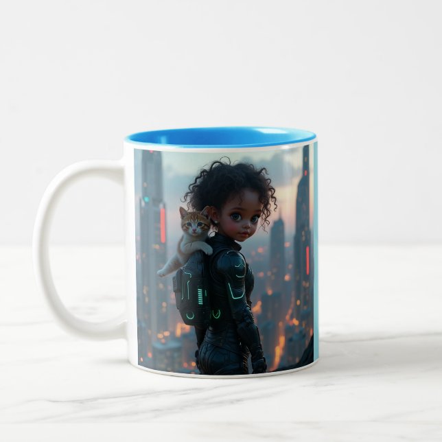 Afrikanisches kleines Mädchen mit ihrem Kätzchen Zweifarbige Tasse (Links)