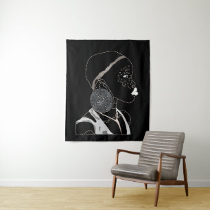 Afrikanisches Mädchen Schwarz-Weiß-Linienkunst  Wandteppich