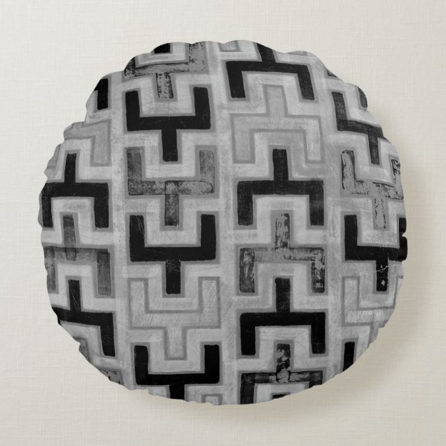 Afrikanisches Mudcloth Textil mit geometrischen Mu Rundes Kissen (Vorderseite)