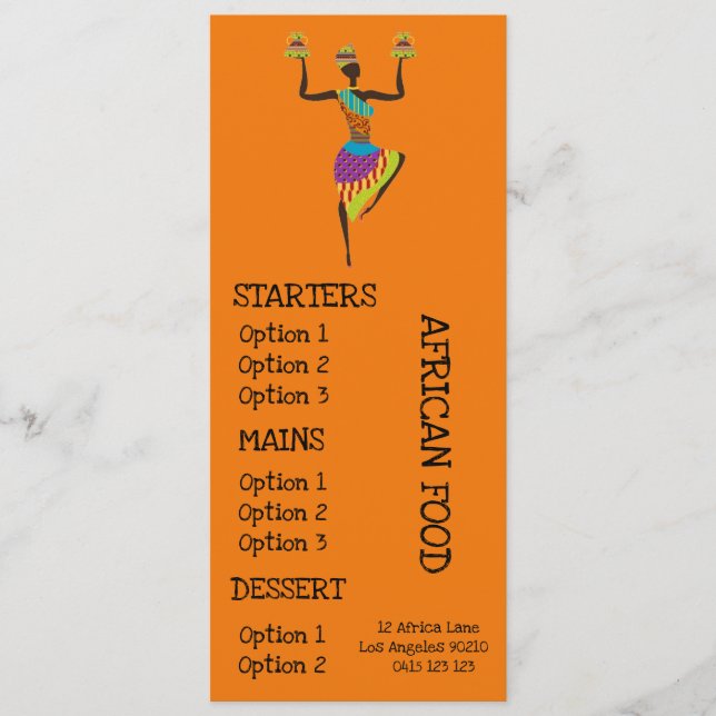 Afrikanisches Restaurantabendessenmenü Menükarte (Vorderseite)