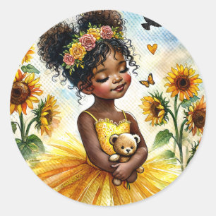 Afrikanisches Sonnenblumenmädchen mit Teddybär Runder Aufkleber