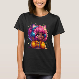 Afro Anime Girl Pink Haar Kopfhörer genießen T-Shirt