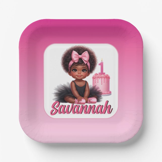 Afro Baby Girl Pink & Black Tutu 1st Birthday Pappteller (Vorderseite)