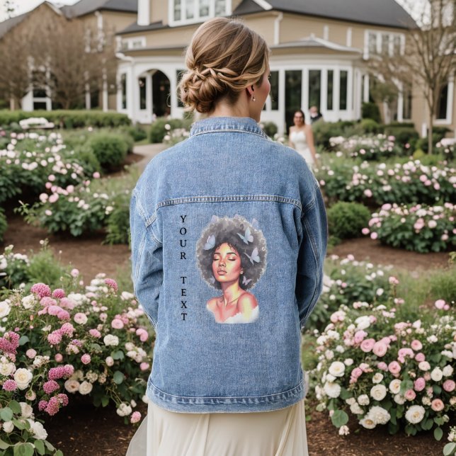 Afro Beauty with Butterflies – Watercolor Portrait Jeansjacke (Hochzeit Rückseite)