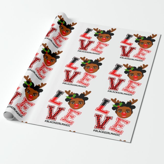 Afro Black Rentier Weihnachtsmädchen Santa Rote Na Geschenkpapier (Ungerollt)