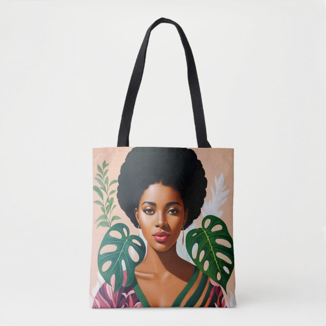 Afro Black Woman Monstera Deliciosa Botanical Tasche (Vorderseite)