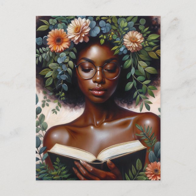 Afro Botanische Frau liest Buch Postkarte (Vorderseite)