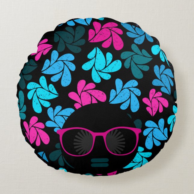 Afro Diva Türkis & Hot Pink Rundkissen Rundes Kissen (Vorderseite)