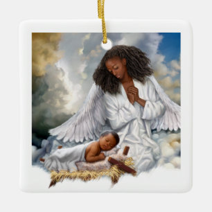 Afro-Engel und Baby-Jesus-Weihnachtsverzierungen Keramikornament