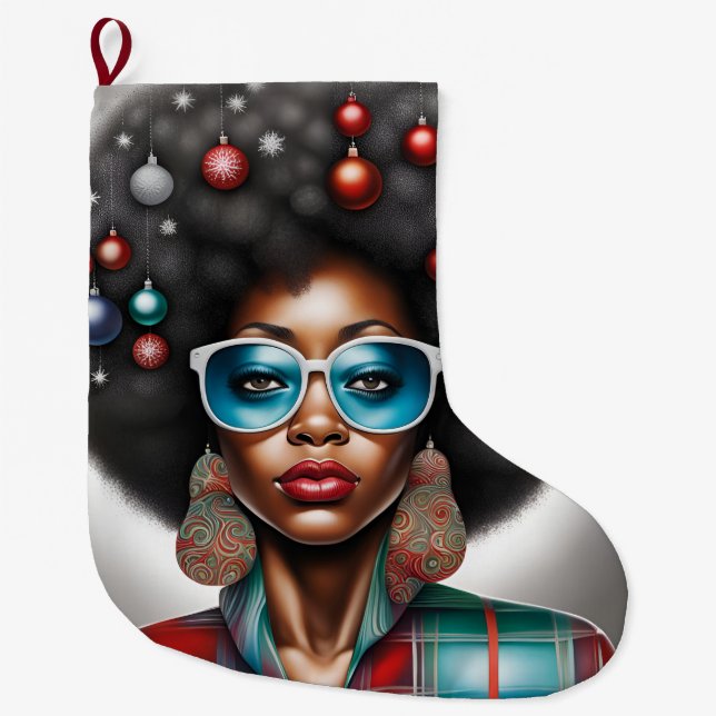 Afro Frau elegante und bizarre Urlaubsstimmung Großer Weihnachtsstrumpf (Vorderseite)