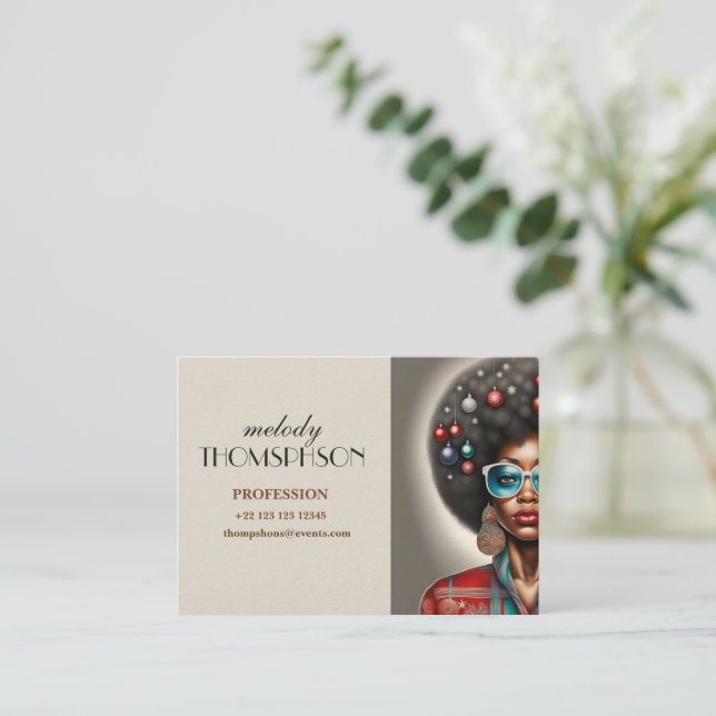 Afro Frau elegante und bizarre Urlaubsstimmung Visitenkarte (Stehend Vorderseite)