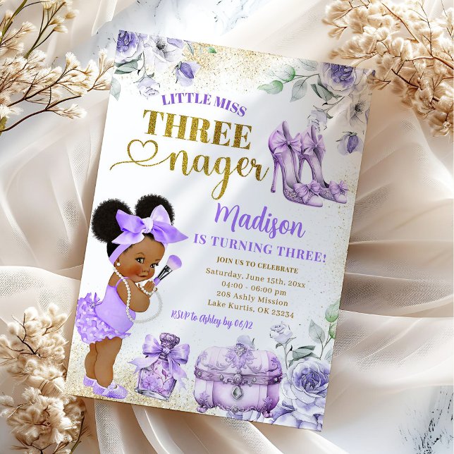 Afro Girl Lila Gold Kleine Miss Threenager Party Einladung (Von Creator hochgeladen)