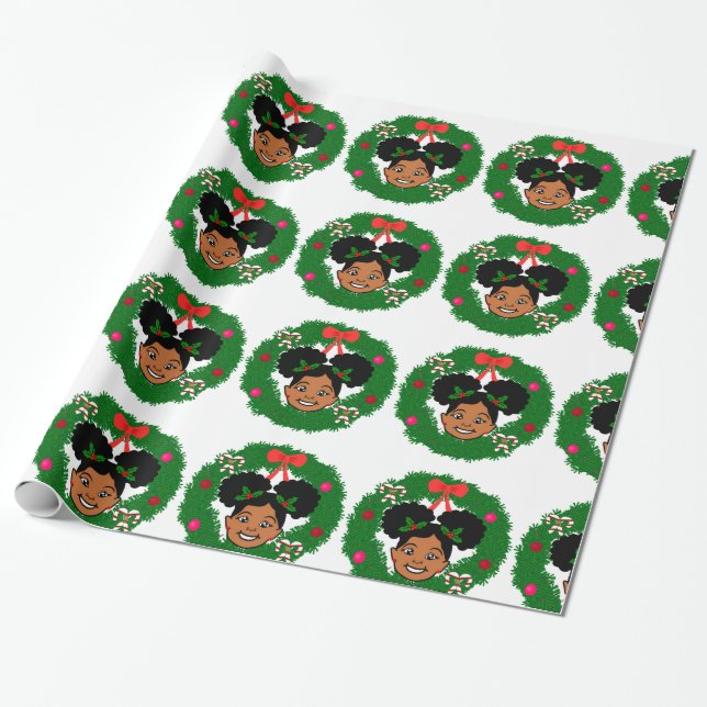 Afro Girl Puffs Noël Enveloppement Papier Cadeau (Déroulé)