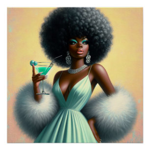 Afro Glam Femme Noire Art Mural Cocktail Rétro