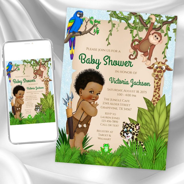 Afro Hair Boy Safari Baby shower Invitation (Boy safari baby shower invitation. Instant download and printed invitations available.)