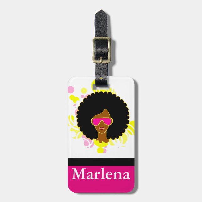 Afro Hair Pink Sonnenbrille auf Gepäckmarke Gepäckanhänger (Vorderseite vertikal)