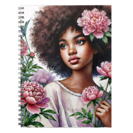 Afro-Mädchen mit Pfingstrosen-Aquarell-Notizbuch Notizblock