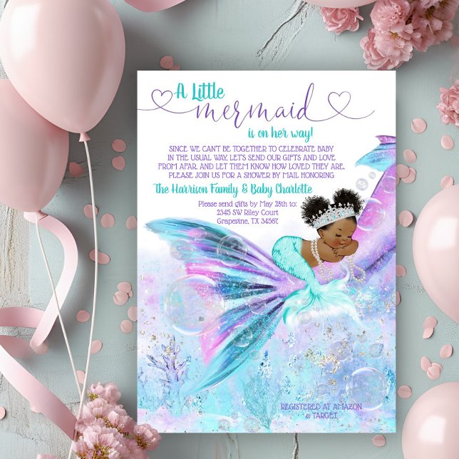 Afro Mermaid Mail Baby Shower Einladung (Adorable mermaid long distance mail baby shower invitation. )