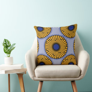 Afro Pop Blue und Gold Ankara Print Kissen