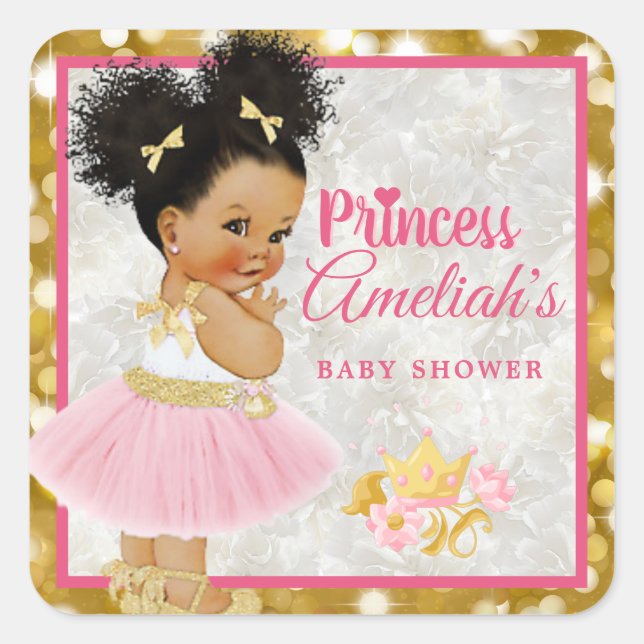 Afro Princess Ballerina Baby Girl Pink|Gold Extrav Quadratischer Aufkleber (Vorderseite)