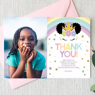 Afro-Puff-Einhorn- und Regenbogen-Geburtstagsfeier Dankeskarte