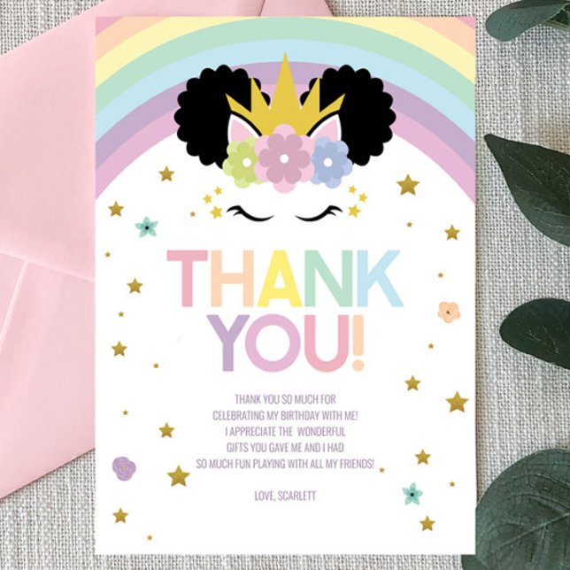Afro Puff Unicorn und Rainbows Geburtstagsparty Dankeskarte (Von Creator hochgeladen)