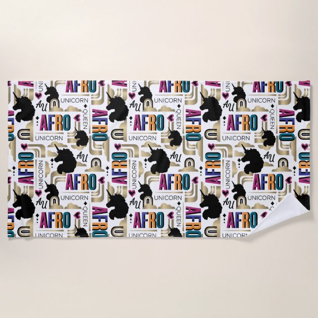 Afro Unicorn Bold Muster Strandtuch (Vorderseite)