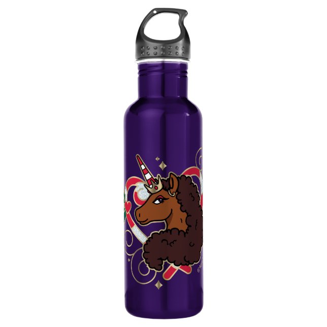Afro Unicorn Candy Cane Herz Holiday Edelstahlflasche (Vorderseite)
