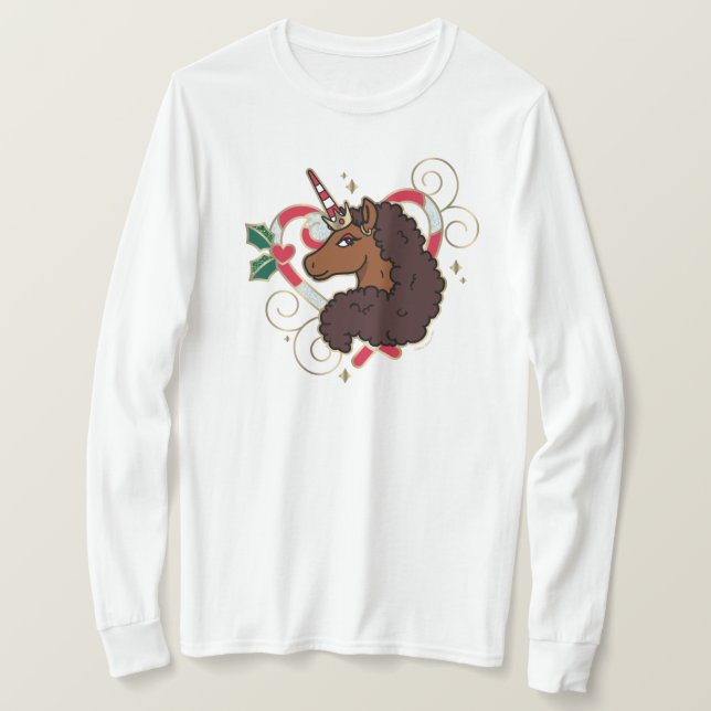 Afro Unicorn Candy Cane Herz Holiday T-Shirt (Design vorne)