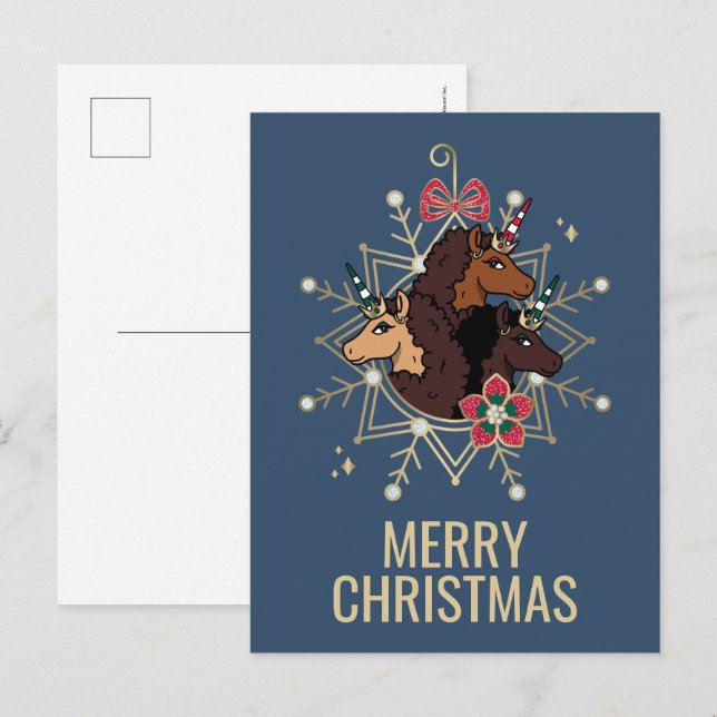 Afro Unicorn Festlicher Urlaub Magisch Postkarte (Vorne/Hinten)