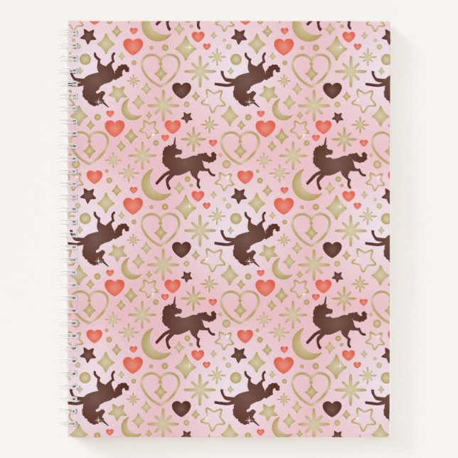 Afro Unicorn Herz & Star Pink Muster Notizbuch (Vorderseite)