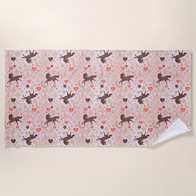 Afro Unicorn Herz & Star Pink Muster Strandtuch (Vorderseite)
