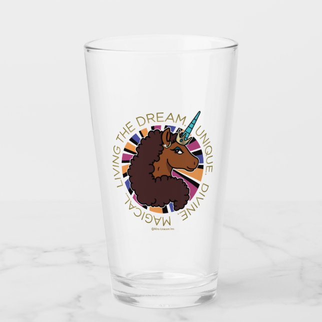 Afro Unicorn Living the Dream Design Glas (Vorderseite)